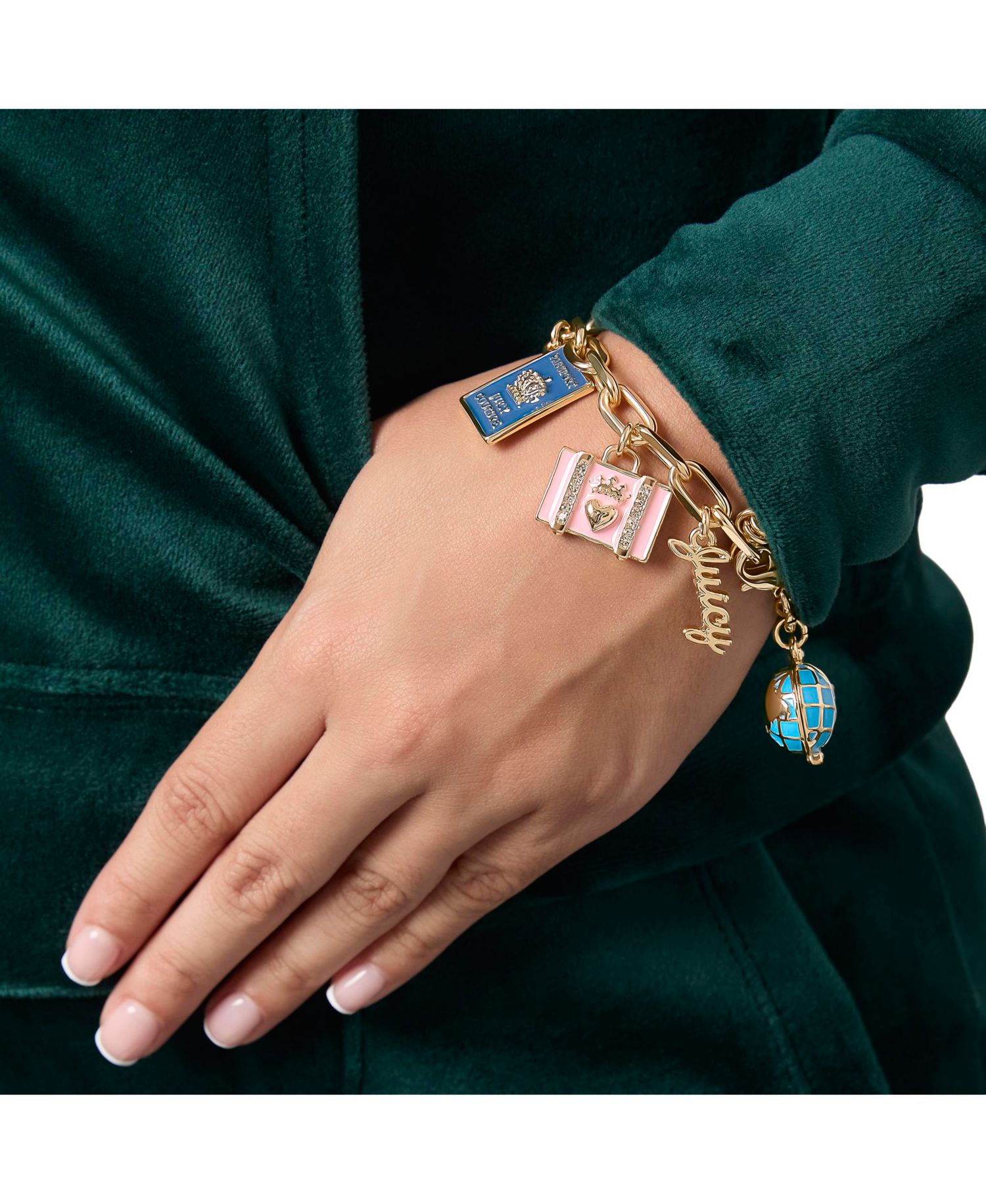 Travel Icons Charm Bracelet, Gold Tone with Blue and Pink Enamel