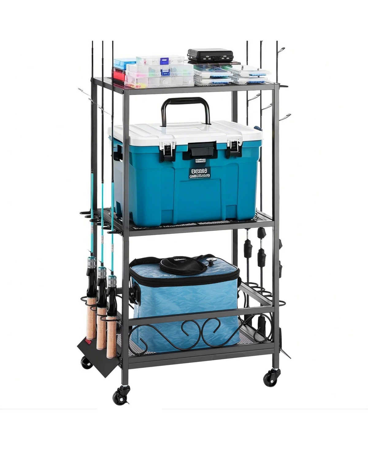 Mecale Fishing Rod Holder, 10-Rod Mobile Pole Rack Cart with Wheels for Garage or Home Fishing Gear Storage