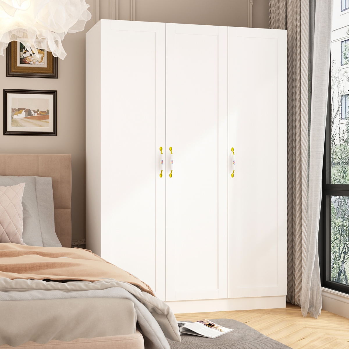 Homsee 3-Doors Armoires Wardrobe with Hanging Rod and Storage Cubes 69.6 in. H x 47.2 in. W x 19.6 in. D