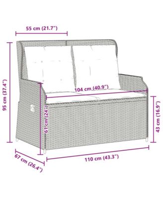 Reclining Patio Bench Brown PE rattan 2-seater Removable Covers