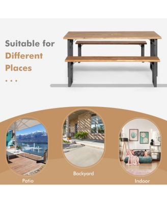 3 PCS Outdoor Acacia Wood Patio Dining Table Bench Set with 2'' Umbrella Hole