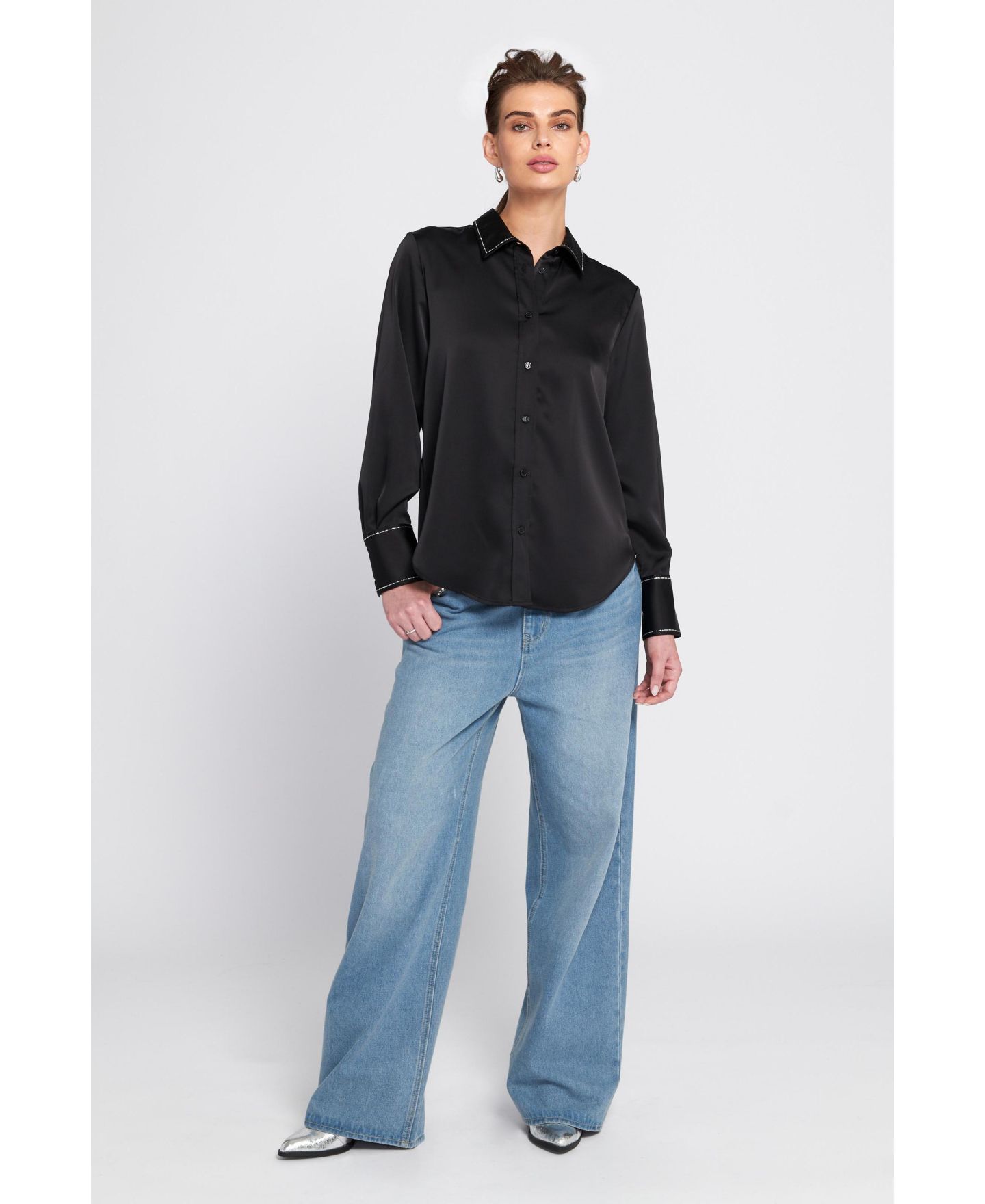 Женская рубашка ELLE Collection Sparkle Trim Satin Shirt Button Down Top, цвет: Чёрный — фото 3