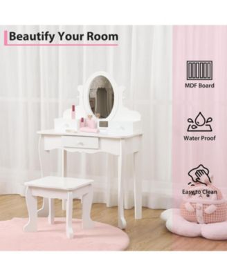Adjustable Mirror Kids Vanity Set with Stool and Storage Drawers – Wooden Princess Makeup Dressing Table for Ages 4–9
