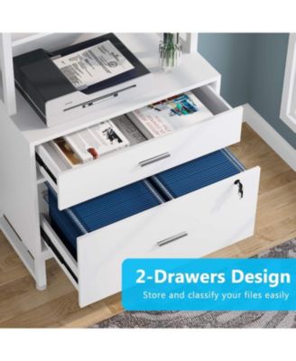 2 Drawer Vertical File Cabinet with Lock & Bookshelf, Letter Size Large Modern Filing Cabinet Printer Stand with Open Storage Shelves