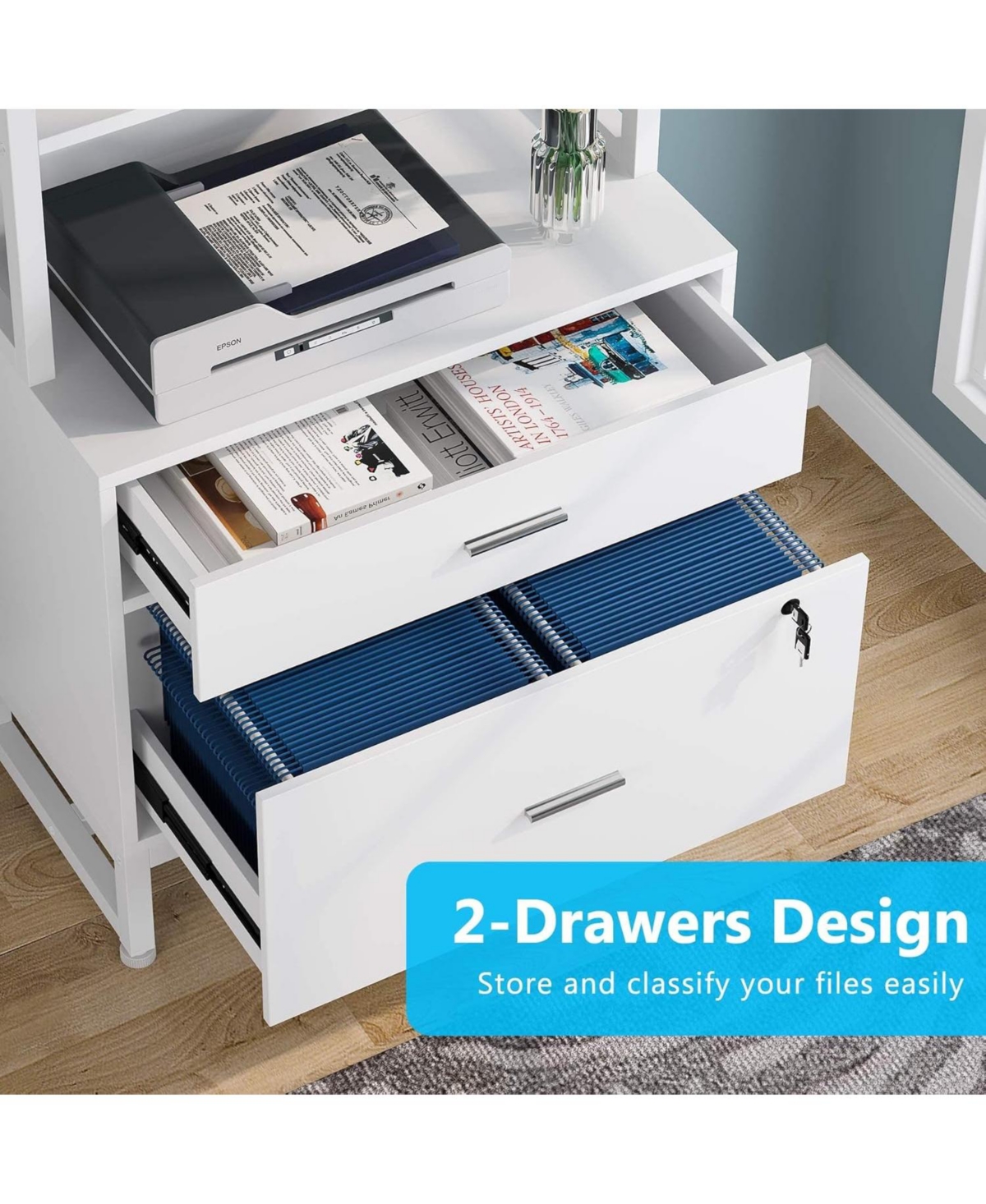 Tribesigns 2 Drawer Vertical File Cabinet with Lock & Bookshelf, Letter Size Large Modern Filing Cabinet Printer Stand with Open Storage Shelves