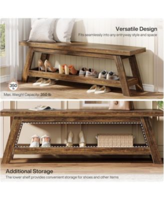 55" Wood Entryway Bench with Shoe Storage, Large 2-Tier Narrow Hallway Foyer Seating Bench