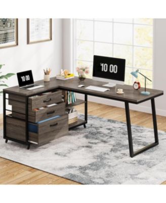53" W × 19.7" Wood L-Shaped Desk with 3 Drawers, Reversible Corner Home Office Computer Desk with Shelves