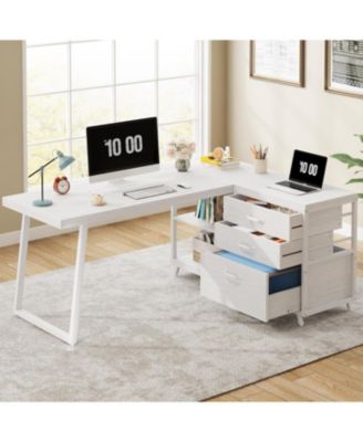 53" W × 19.7" Wood L-Shaped Desk with 3 Drawers, Reversible Corner Home Office Computer Desk with Shelves