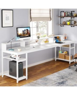 Two Person Desk with Monitor Stand, 78.74" Long Double Computer Office Desk with Storage Shelves