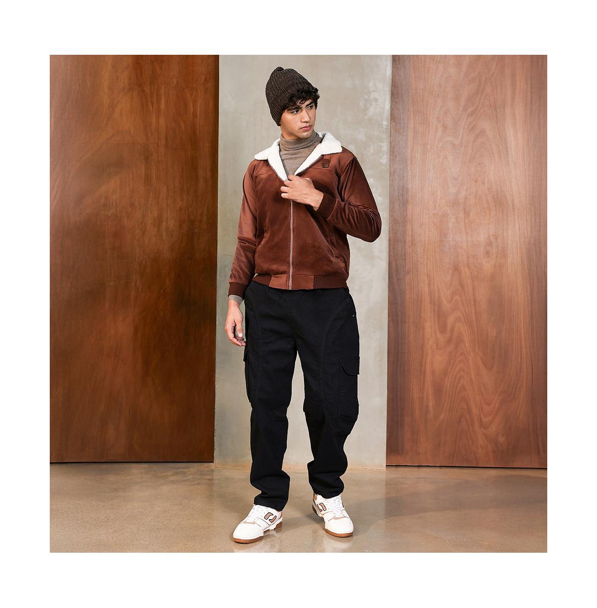 Campus Sutra Men's Contrast Sherpa-Lined Suede Bomber Jacket