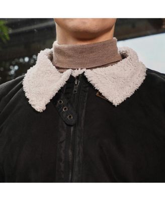 Men's Midnight Black Contrast Sherpa-Lined Suede Rider Jacket