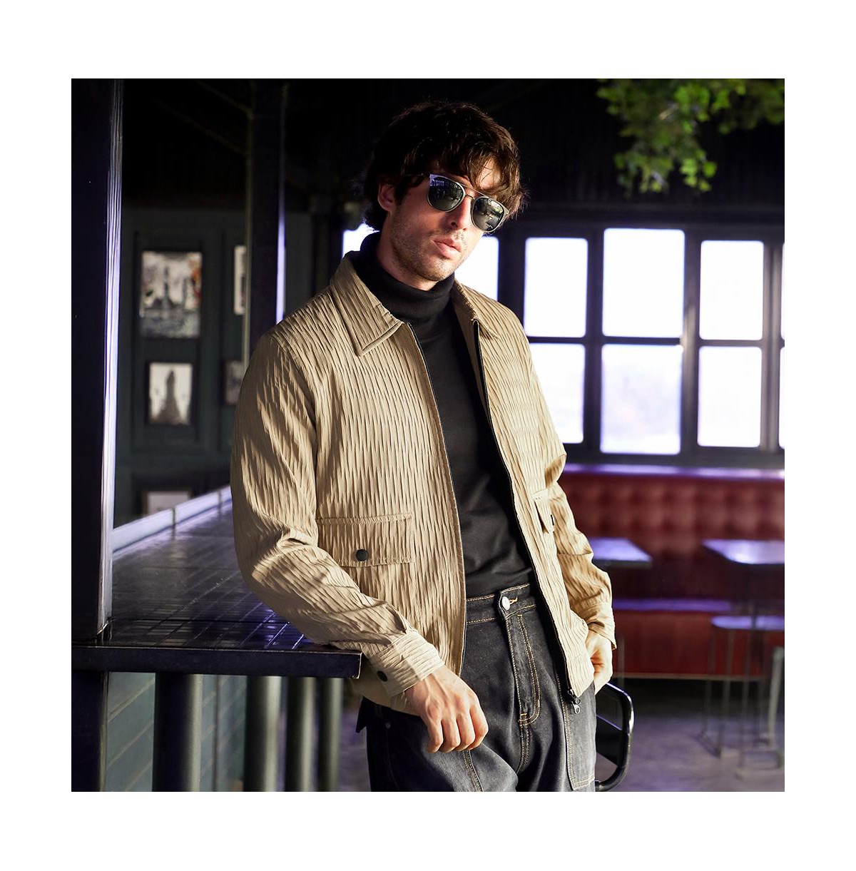 Campus Sutra Men's Mousse Brown Zip-Front Crease-Tactile Jacket