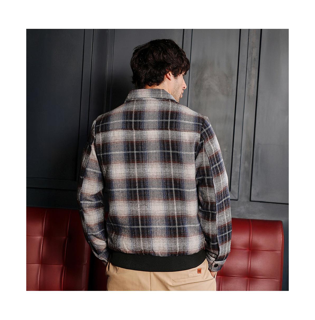 Campus Sutra Men's Navy Blue Zip-Front Plaid Jacket