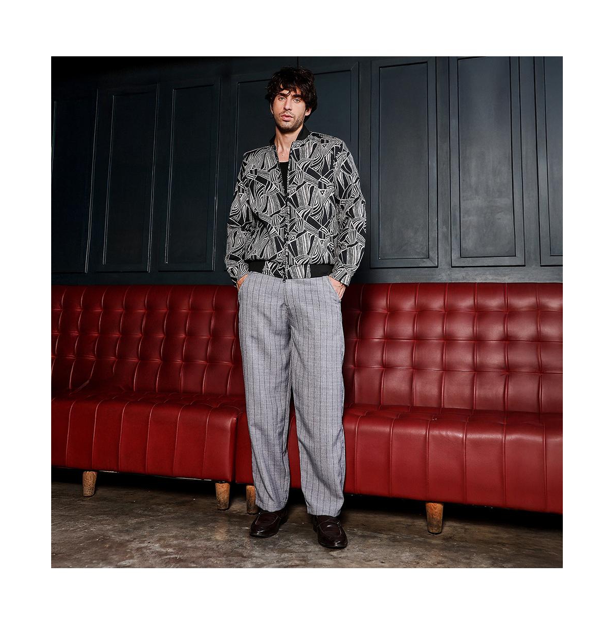 Campus Sutra Men's Midnight Black Stroke-Jacquard Bomber Jacket