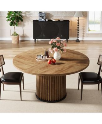 47.24-Inch Black Round Dining Table for 4-6 People, Modern Fluted MDF + Metal Base Kitchen Table