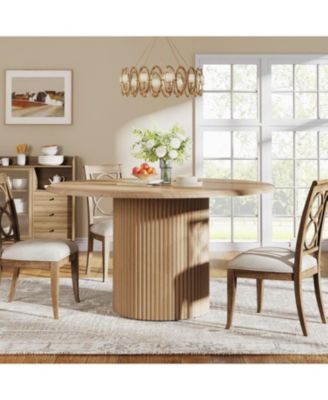 47" Round Dining Table for 4, Farmhouse Kitchen Table with Metal Base, Natural