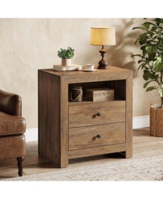 Farmhouse Nightstand with 2 Storage Drawers, Rustic Nightstand Table with Open Shelf, End Side Table, Rustic
