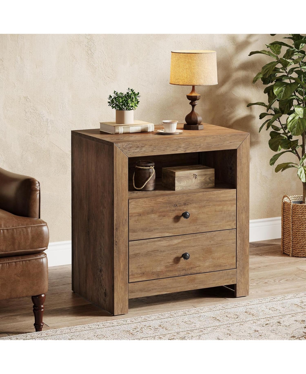 Tribesigns Farmhouse Nightstand with 2 Storage Drawers, Rustic Nightstand Table with Open Shelf, End Side Table, Rustic