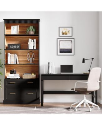 72" White 5-Shelf Bookcase with Drawers – Modern freestanding wood bookshelf for display and storage