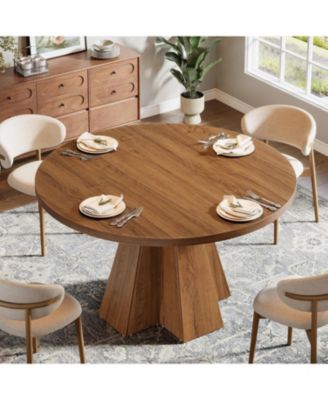 Round Dining Table for 4, Circle Kitchen Table with Pedestal Base, Walnut Brown