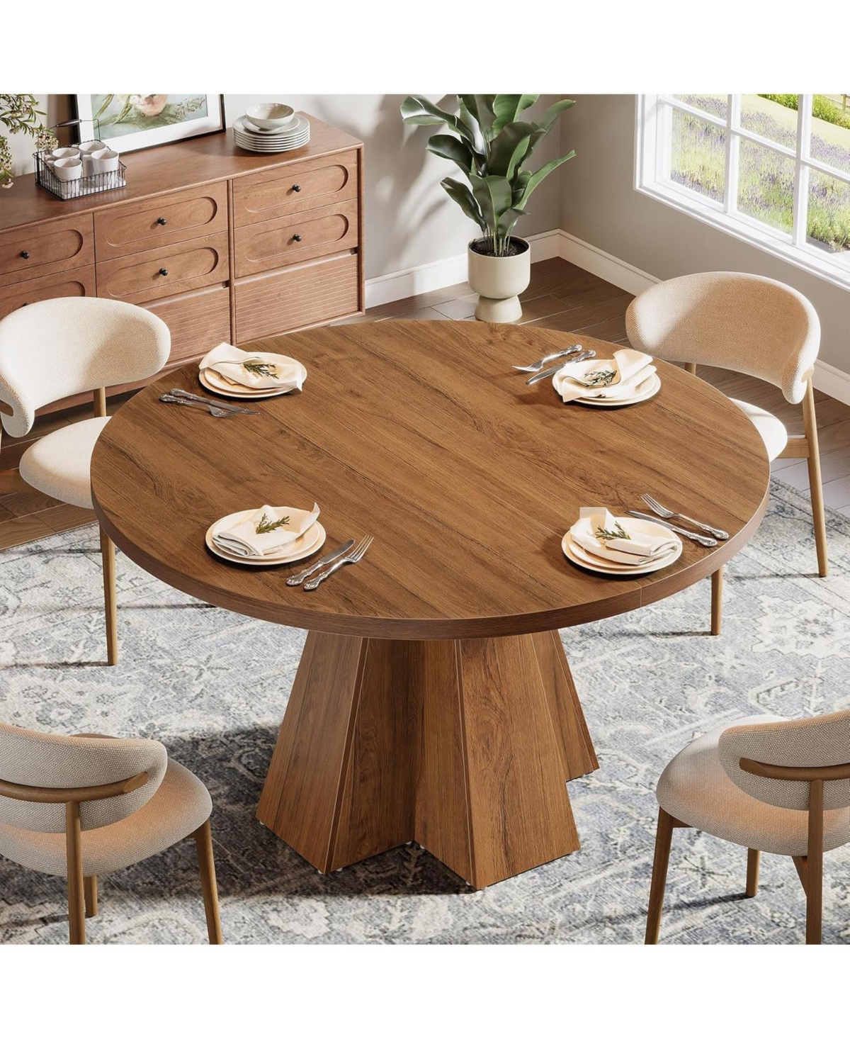 Tribesigns Round Dining Table for 4, Circle Kitchen Table with Pedestal Base, Walnut Brown
