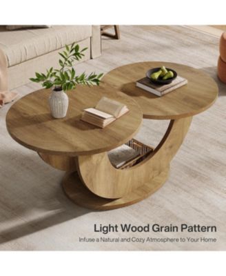 Round Coffee Table, 2-Tier Farmhouse Coffee Table with U-Shaped Frame