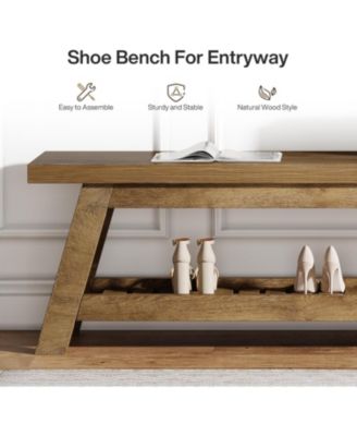 55" Wood Entryway Bench with Shoe Storage, Large 2-Tier Narrow Hallway Foyer Seating Bench