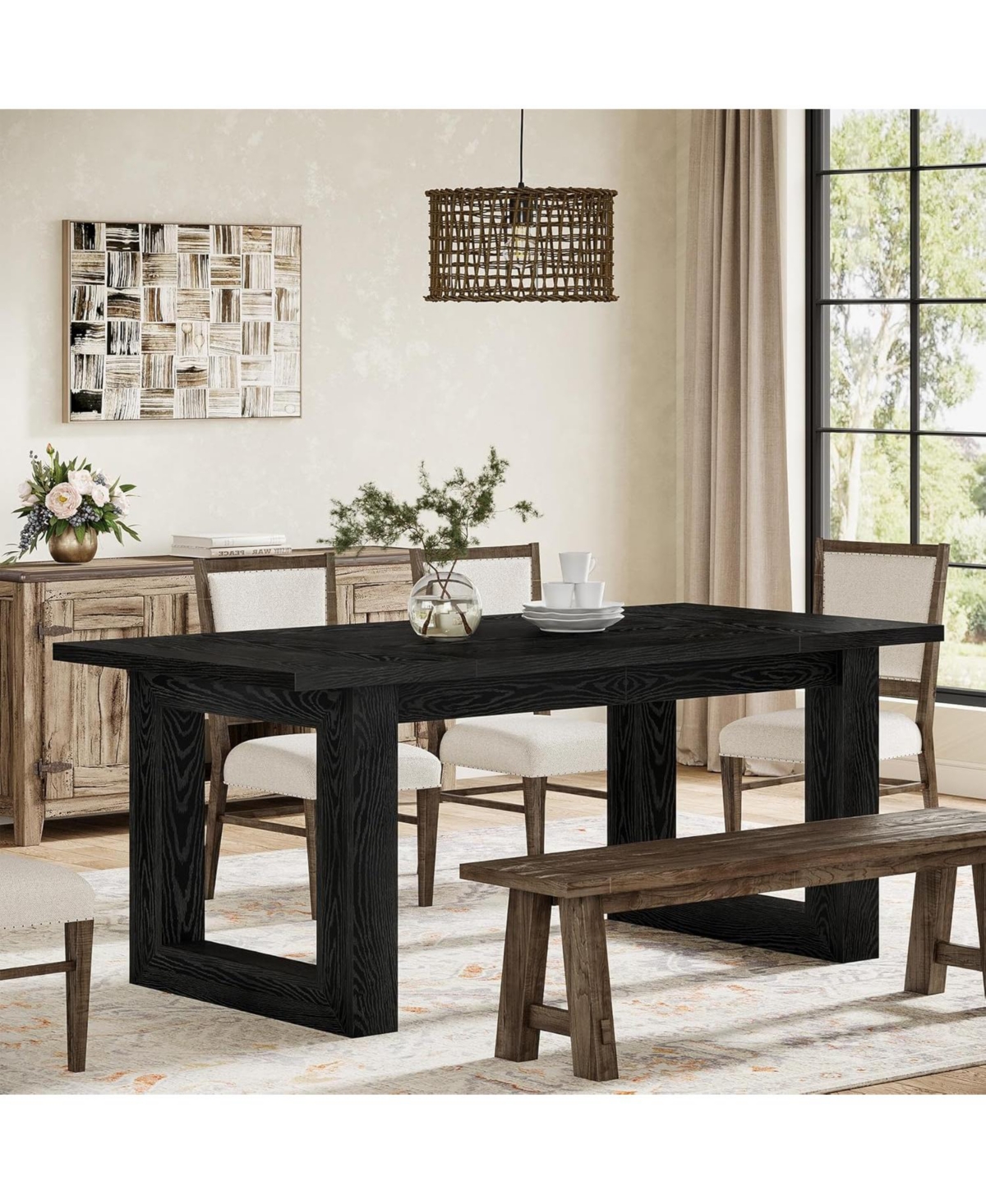 Tribesigns Farmhouse Dining Room Table for 4-6 People, Rectangular Dinner Table