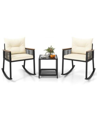 3 PCS Outdoor Rocking Bistro Set with 2-Tier Coffee Table, Acacia Wood Armrests