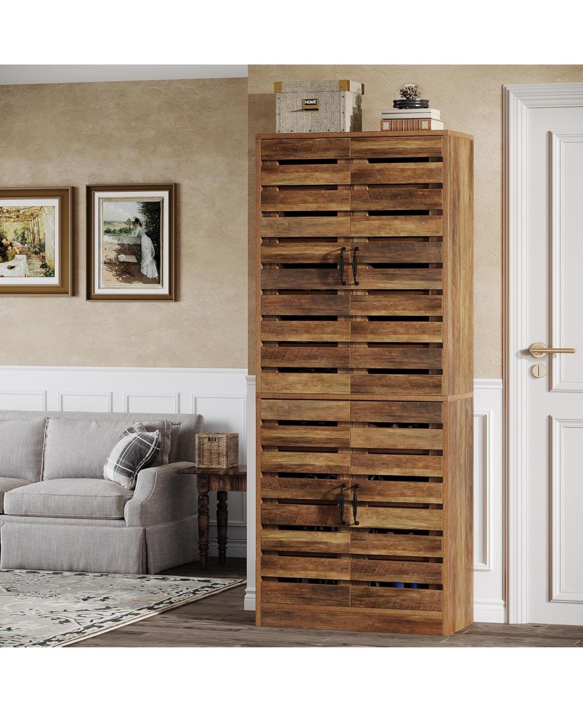Tribesigns 70.8" Rustic Brown Wood Shoe Cabinet with Shutter Doors & Adjustable Shelves