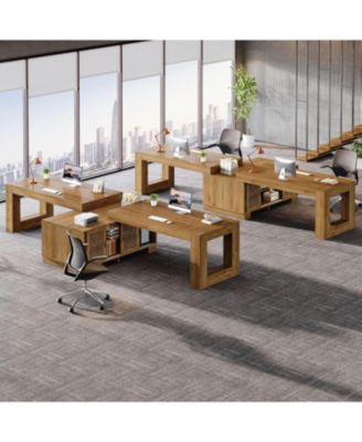 63-Inch L-Shaped Wood Executive Desk with Storage Cabinets & 2-Tier Shelf, Modern Business Workstation