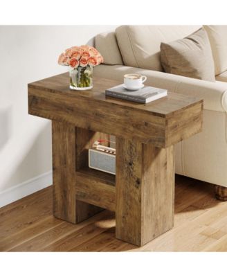 Farmhouse Narrow End Table with 2-Tier Storage Shelf and Heavy-Duty Base – Sofa Side Table for Living Room