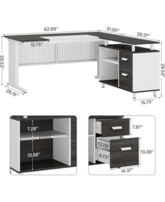 63" L-Shaped Executive Desk with File Cabinet, Drawers & Storage Shelves – Office Desk