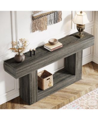 63-Inch Farmhouse Wood Console Table with U-Shaped Base, 2-Tier Narrow Sofa Table for Entryway & Living Room