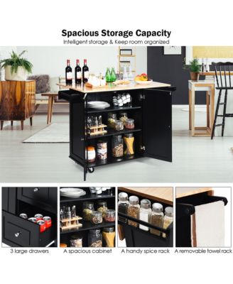 Drop-Leaf Kitchen Island Trolley Cart Wood Storage Cabinet w/ Spice Rack