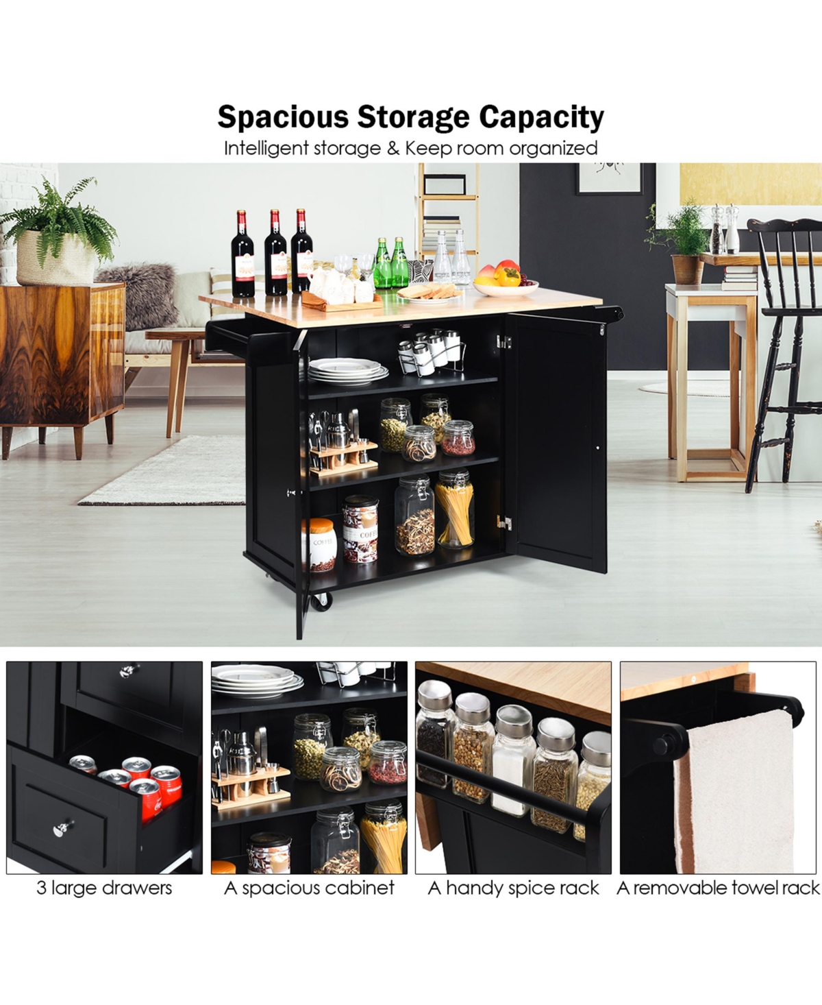 Gymax Drop-Leaf Kitchen Island Trolley Cart Wood Storage Cabinet w/ Spice Rack