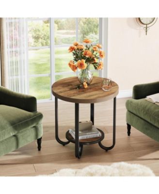 Round End Table with 2-Tier Storage Shelf, Industrial Side Table with Curved Metal Legs