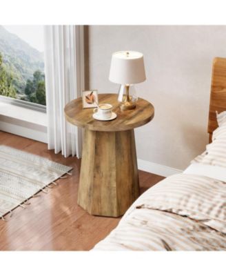 Farmhouse Round End Table, Wooden Couch Side Table with Octagonal Base