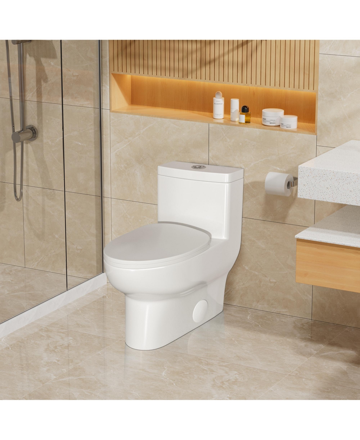 Casainc One-Piece Dual Flush 1.1/1.6 Gpf Elongated Bathroom Fixture Comfort Seat Height,Soft-Close Seat,Glazed Surface