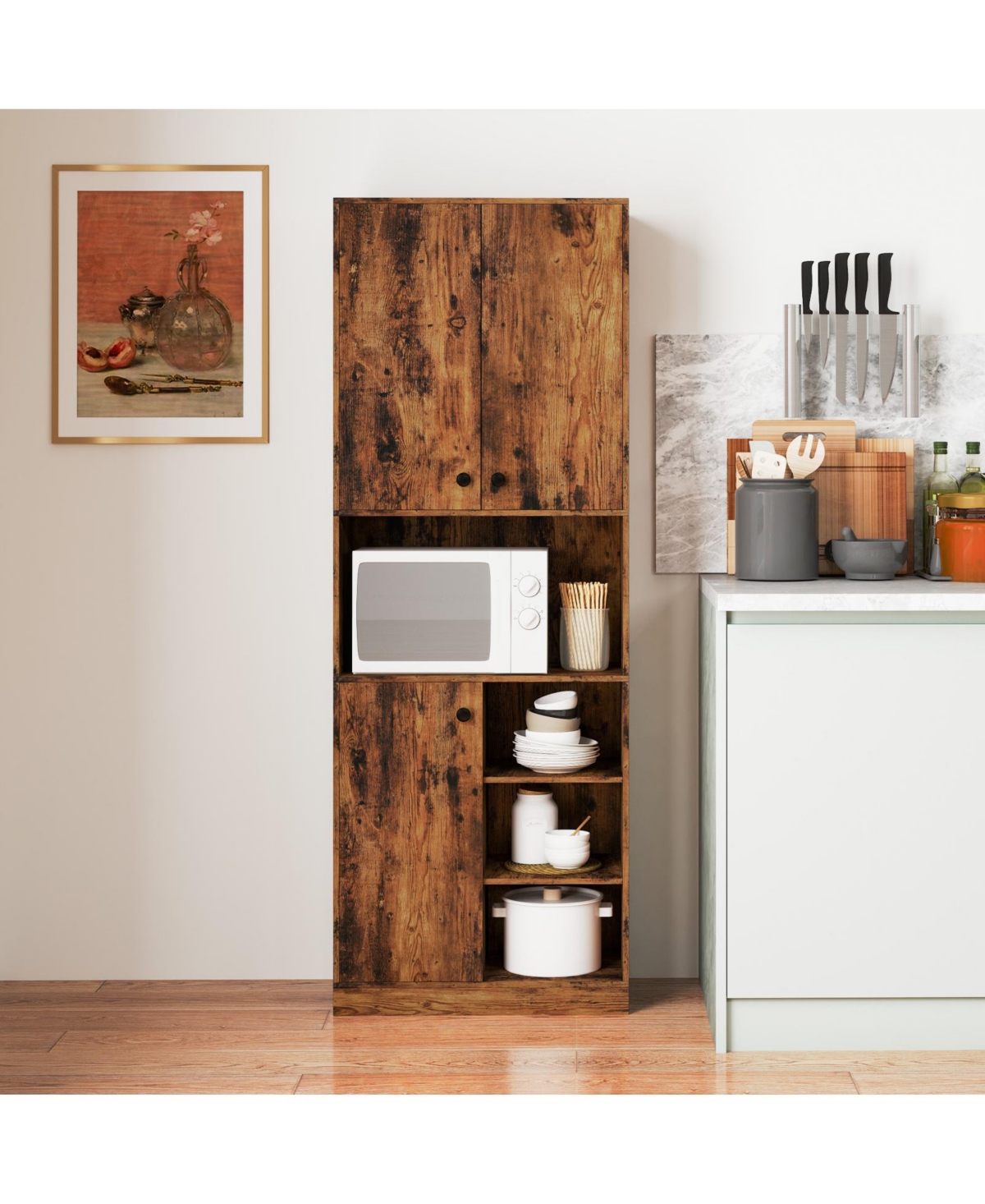 Costway Kitchen Pantry Storage Cabinet 65.5" Tall Modern Hutch Cabinet with Microwave Stand