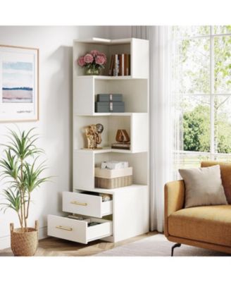 5-Tier Corner Bookshelf with 2 Drawers, 66.9-Inch Tall Corner Bookcase Shelf, Home Office