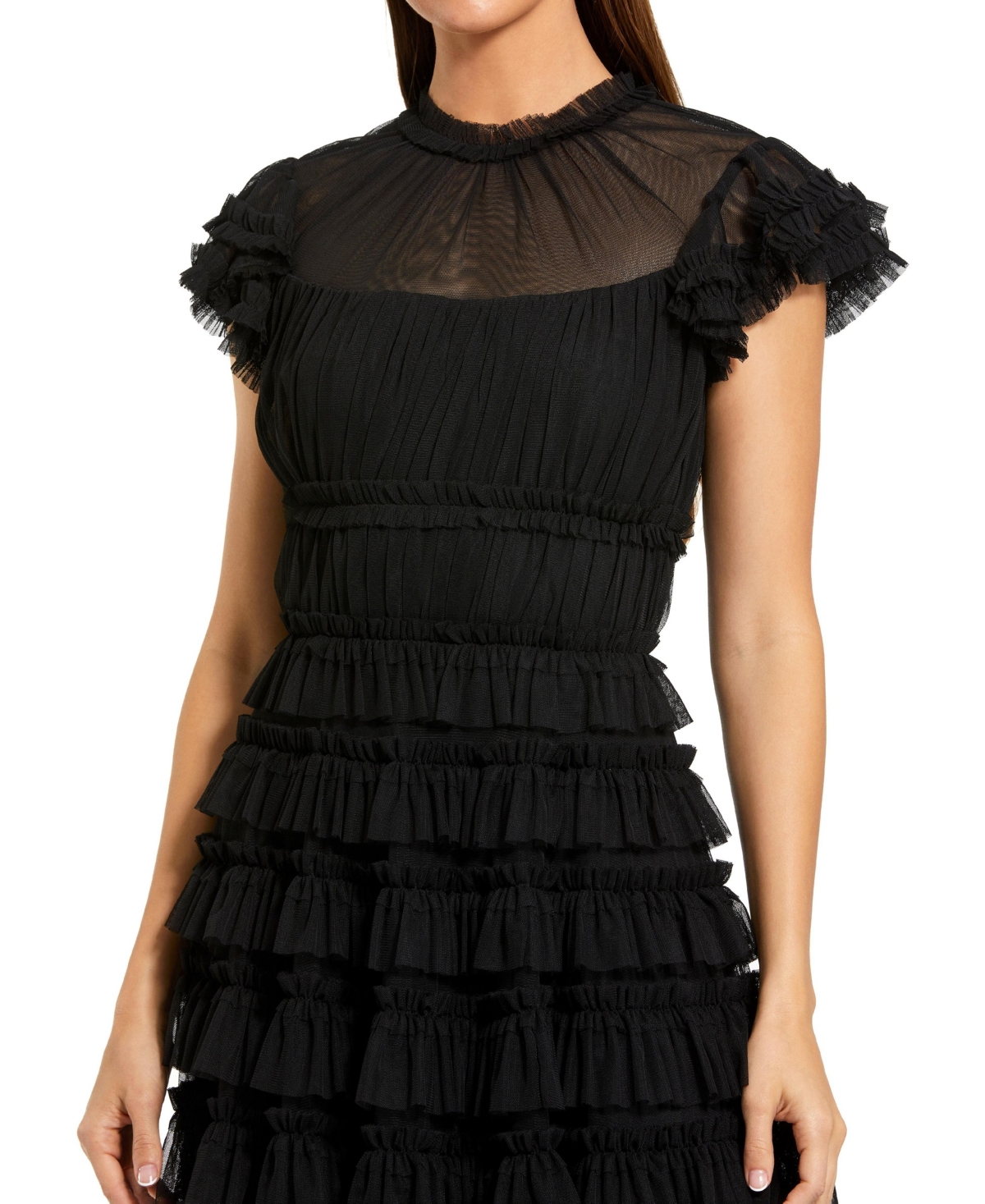 Mac Duggal Women's Solid Mesh Dot Micro Ruffle High Neck Midi Dress