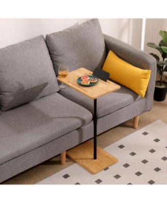 Adjustable Bamboo C-Shaped Couch Tray Table with 2-Tier Rectangle Design