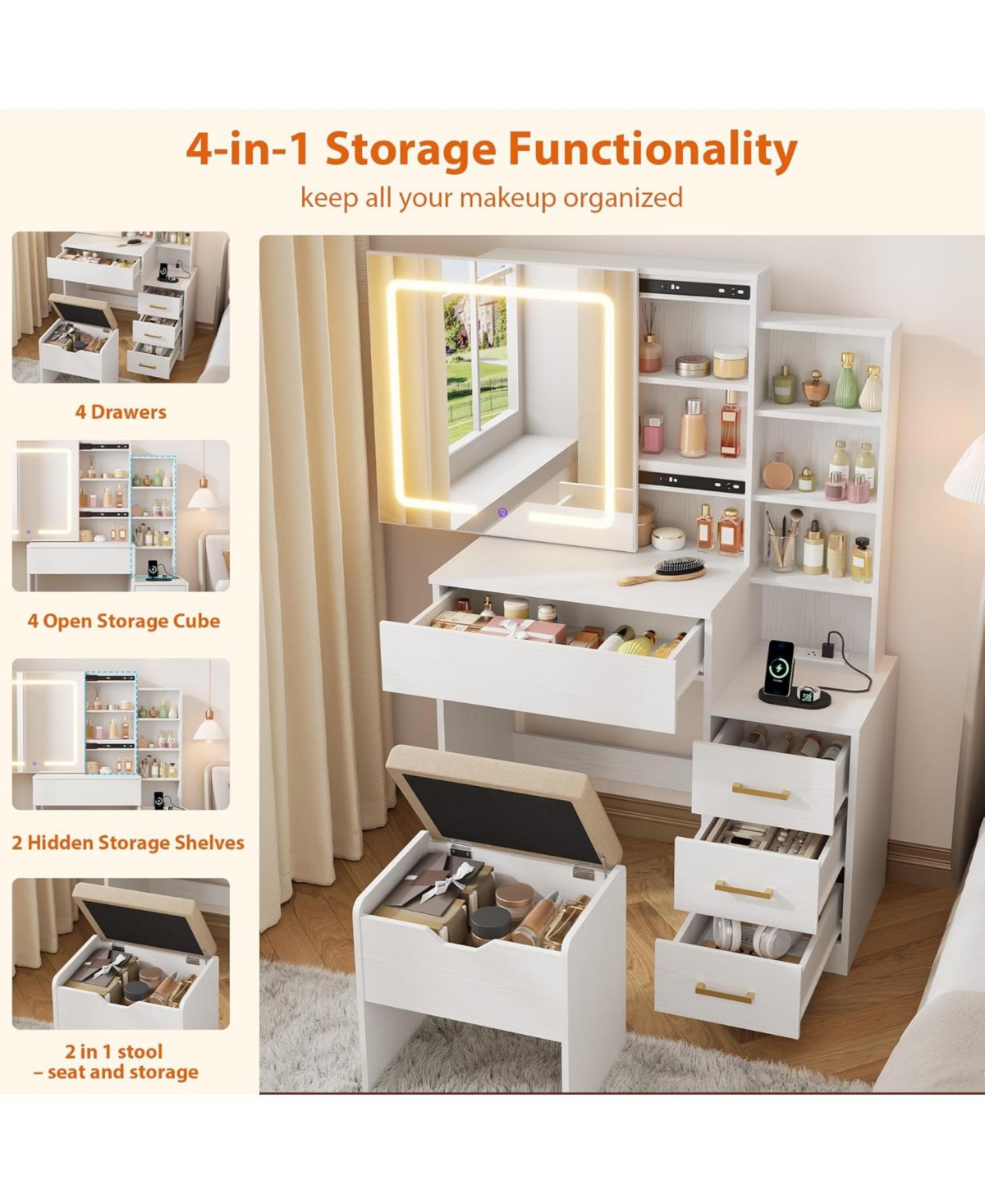 Gaomon Vanity Desk with Sliding Mirror & Lights, 4 Drawers, 7 Shelves, Charging Station, Stool Included, 3 Lighting Modes, Modern Makeup