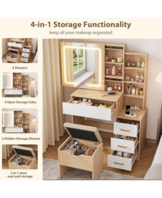 Vanity Desk with Sliding Mirror & Lights, 4 Drawers, 7 Shelves, Charging Station, Stool Included, 3 Lighting Modes, Modern Makeup Vanity