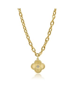 25mm Clover Charm with Micro Pave CZ Center On A Gold Plated Oval Chain Necklace