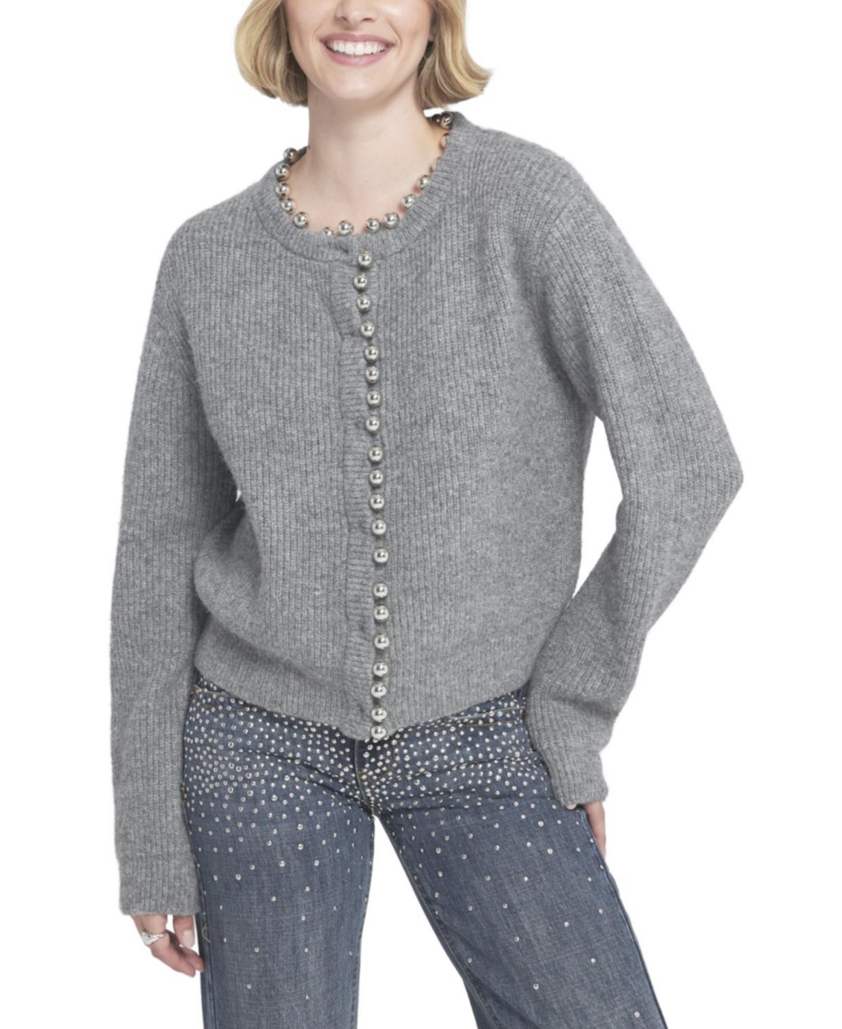 Elle Collection Women's Beaded Cardigan Cable Knit Sweater