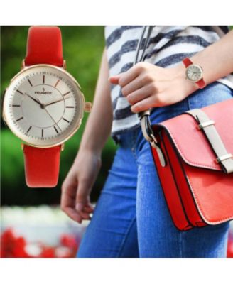 Women's 30mm Red Modern Calfskin Leather Strap Watch