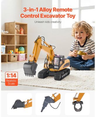 Remote Control Excavator Toy, 15-Channel 1:14 Scale RC Digger with Metal Shovel, Lights & Sounds, 3-in-1 Construction Vehicle for Kids