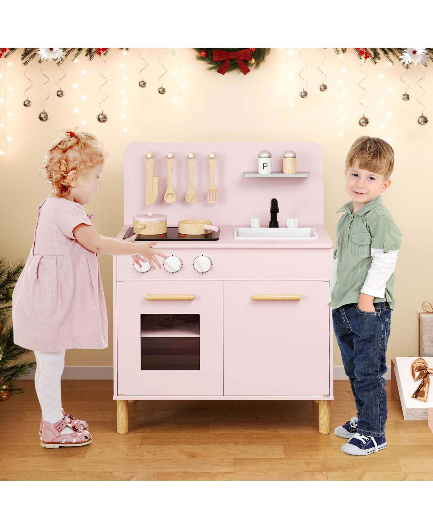 Детский игровой набор Costway Light-Up Cooking Sounds Wooden Kids Kitchen Playset, от 3 лет, цвет: Розовый — фото 2